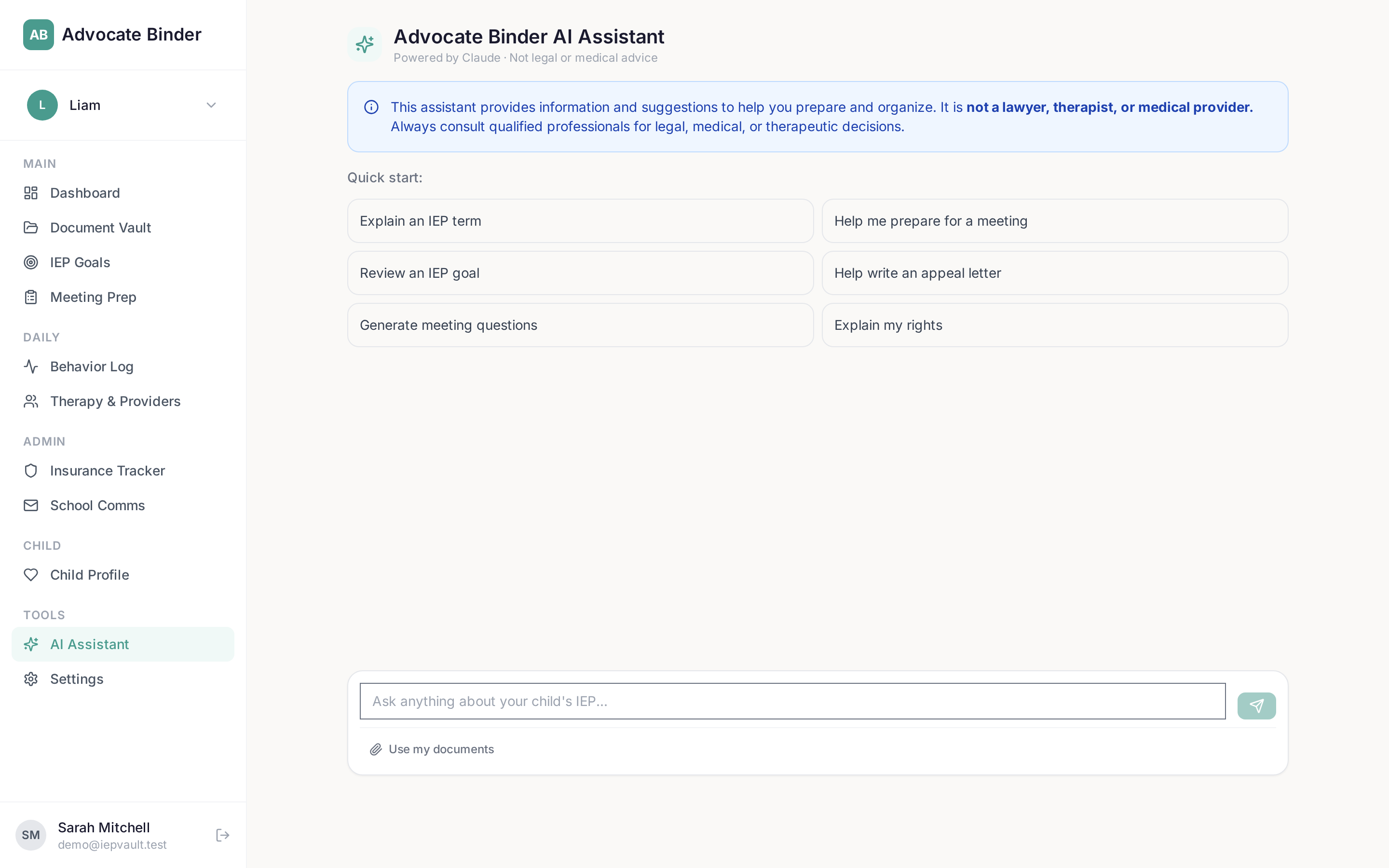 Advocate Binder AI Assistant chat with quick-start prompts