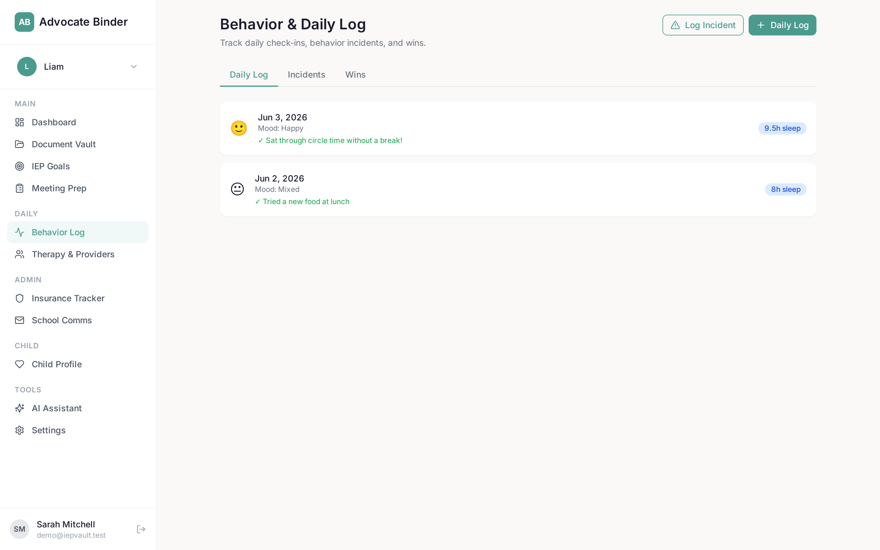 Advocate Binder behavior and daily log