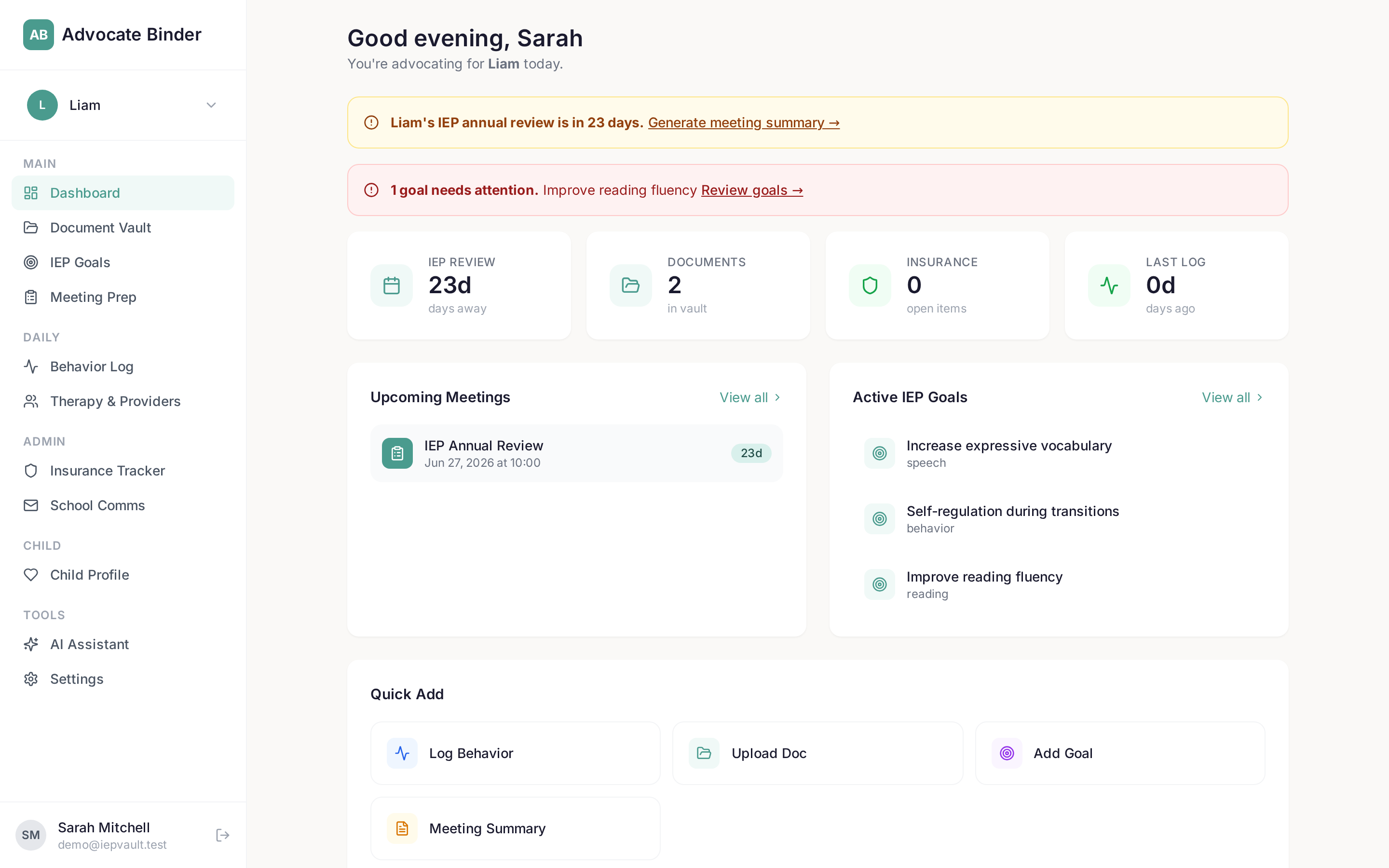 The Advocate Binder dashboard showing upcoming meetings, IEP goals, and quick actions