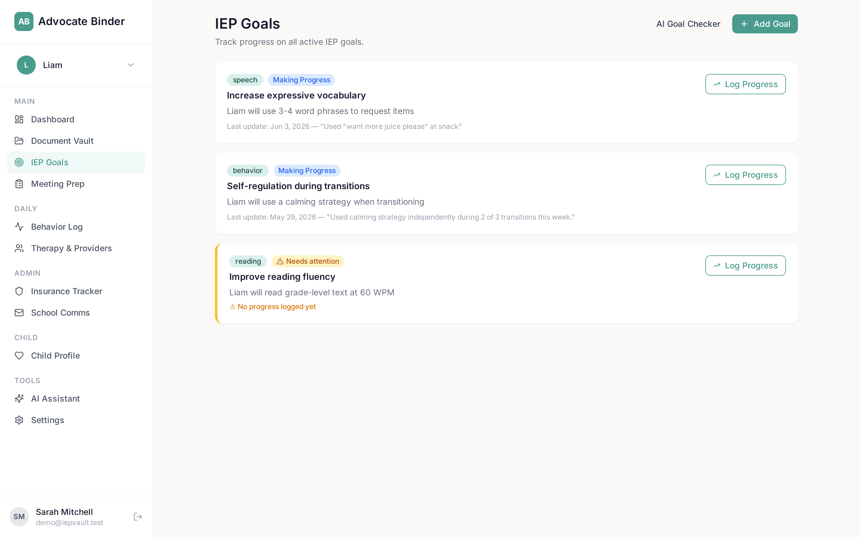 IEP Goals tracker showing goals with progress ratings