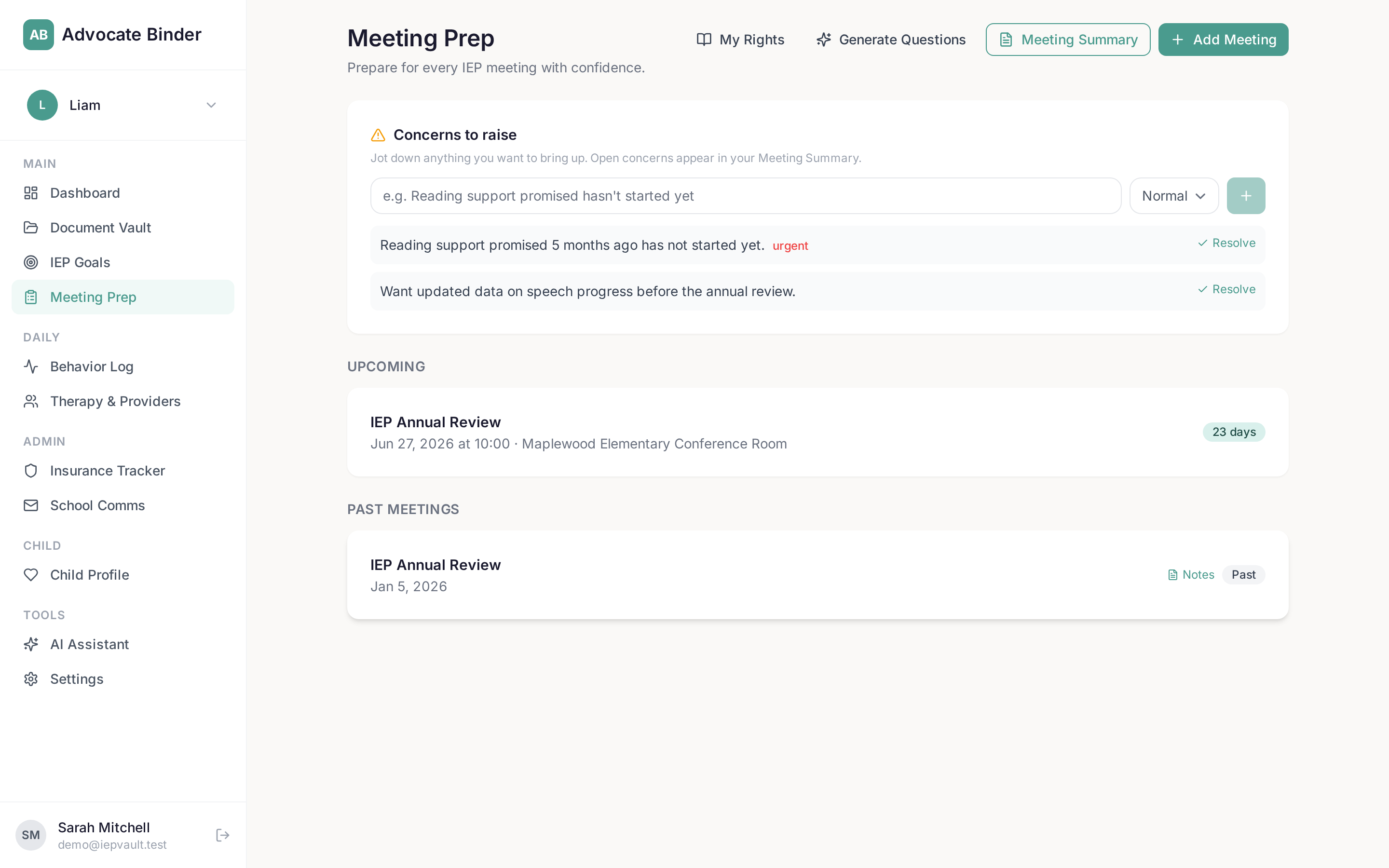 Meeting Prep center with upcoming meetings and checklist